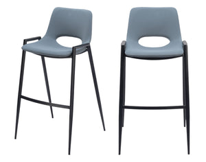 Homeroots Set Of Two 30" Blue And Black Faux Leather And Steel Low Back Bar Height Bar Chairs   555659