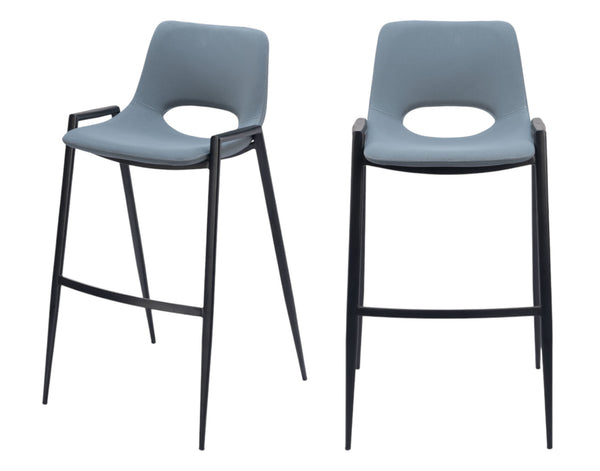 Homeroots Set Of Two 30" Blue And Black Faux Leather And Steel Low Back Bar Height Bar Chairs   555659