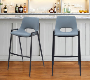 Homeroots Set Of Two 30" Blue And Black Faux Leather And Steel Low Back Bar Height Bar Chairs   555659