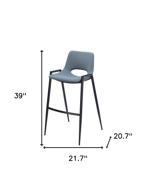 Homeroots Set Of Two 30" Blue And Black Faux Leather And Steel Low Back Bar Height Bar Chairs   555659