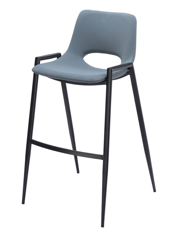 Homeroots Set Of Two 30" Blue And Black Faux Leather And Steel Low Back Bar Height Bar Chairs   555659