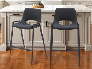 Homeroots Set Of Two 26" Black Faux Leather And Steel Low Back Counter Height Bar Chairs   555660