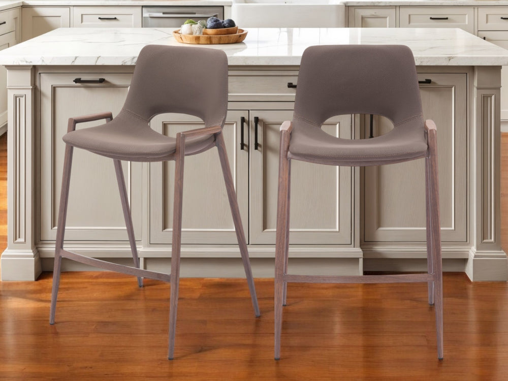 Homeroots Set Of Two 26" Brown Faux Leather And Steel Low Back Counter Height Bar Chairs   555661