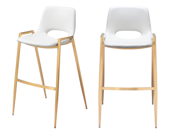 Homeroots Set Of Two 30" White And Gold Faux Leather And Steel Low Back Bar Height Bar Chairs   555664