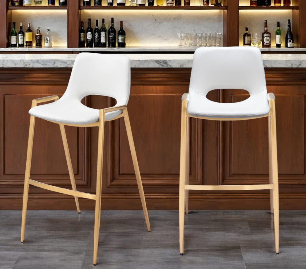 Homeroots Set Of Two 30" White And Gold Faux Leather And Steel Low Back Bar Height Bar Chairs   555664