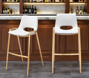 Homeroots Set Of Two 30" White And Gold Faux Leather And Steel Low Back Bar Height Bar Chairs   555664
