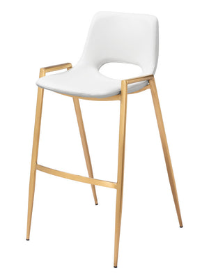 Homeroots Set Of Two 30" White And Gold Faux Leather And Steel Low Back Bar Height Bar Chairs   555664