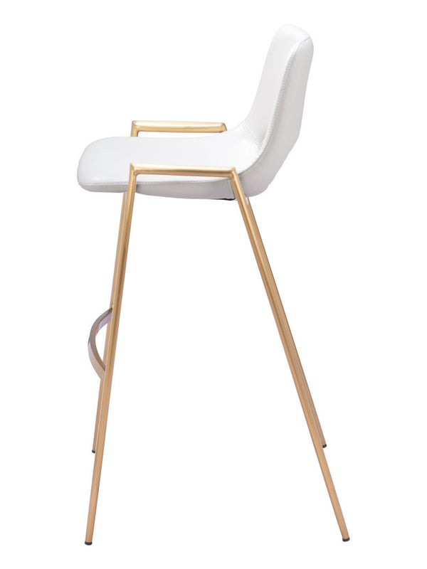 Homeroots Set Of Two 30" White And Gold Faux Leather And Steel Low Back Bar Height Bar Chairs   555664