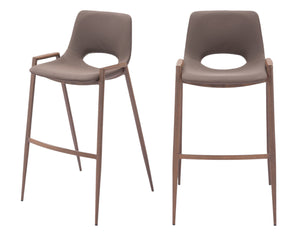 Homeroots Set Of Two 30" Brown Faux Leather And Steel Low Back Bar Height Bar Chairs   555666