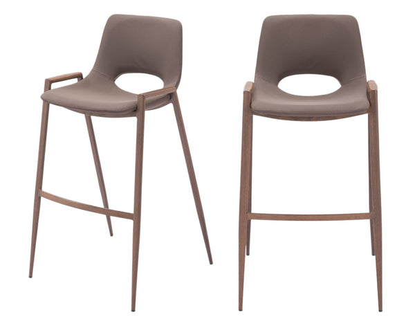 Homeroots Set Of Two 30" Brown Faux Leather And Steel Low Back Bar Height Bar Chairs   555666