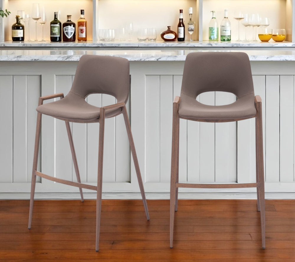 Homeroots Set Of Two 30" Brown Faux Leather And Steel Low Back Bar Height Bar Chairs   555666