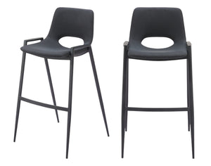 Homeroots Set Of Two 30" Black Faux Leather And Steel Low Back Bar Height Bar Chairs   555667