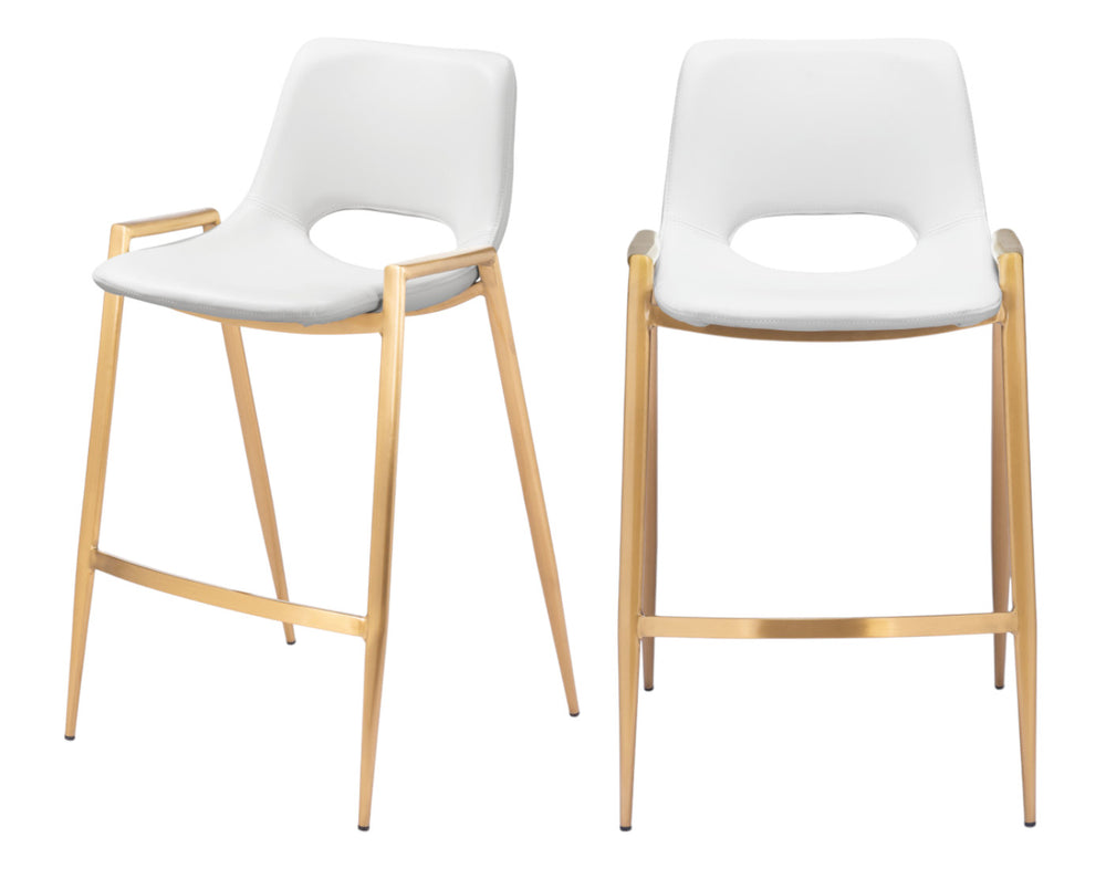 Homeroots Set Of Two 26" White And Gold Faux Leather And Steel Low Back Counter Height Bar Chairs   555668
