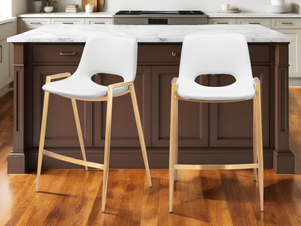 Homeroots Set Of Two 26" White And Gold Faux Leather And Steel Low Back Counter Height Bar Chairs   555668