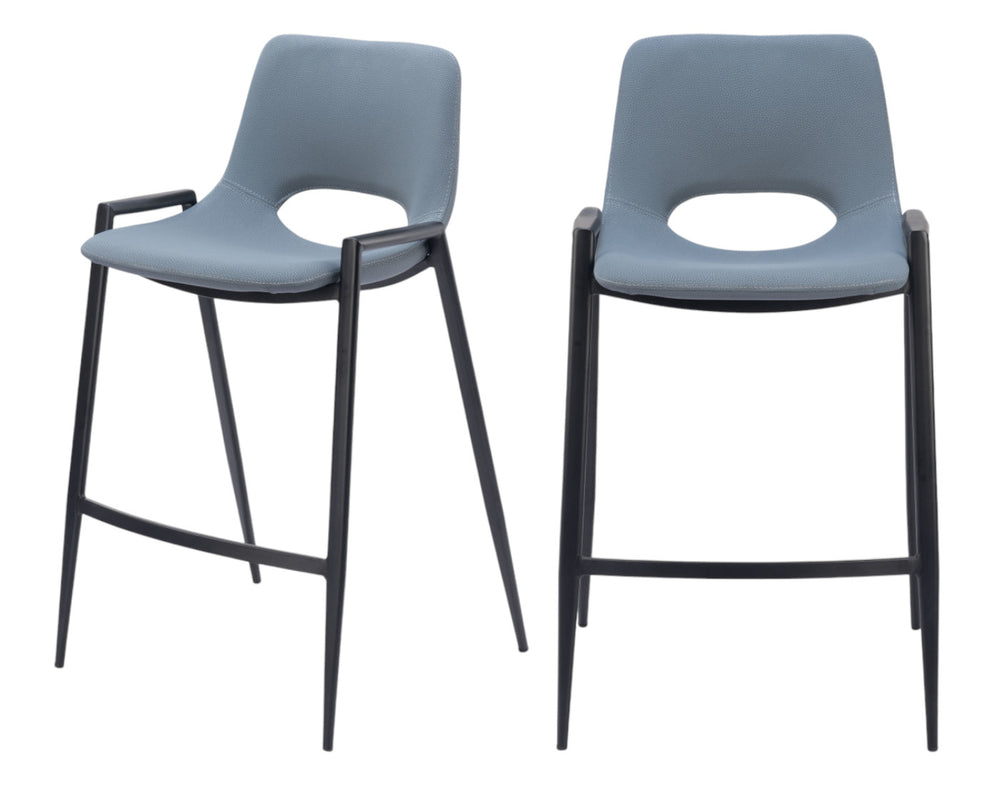 Homeroots Set Of Two 26" Blue And Black Faux Leather And Steel Low Back Counter Height Bar Chairs   555669