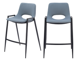 Homeroots Set Of Two 26" Blue And Black Faux Leather And Steel Low Back Counter Height Bar Chairs   555669