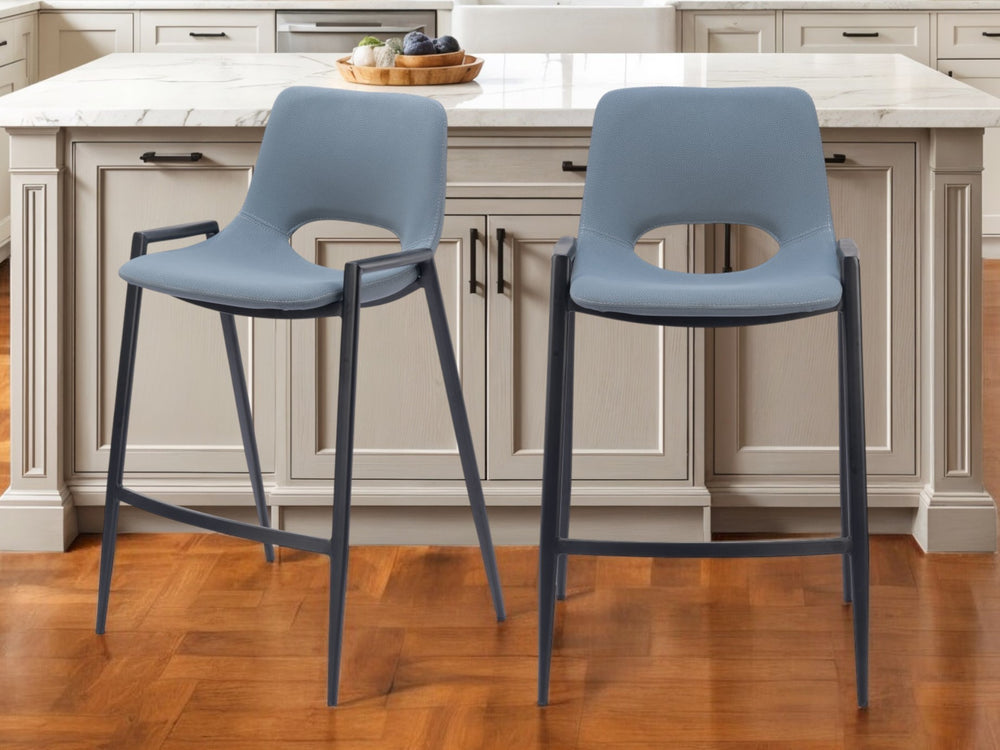 Homeroots Set Of Two 26" Blue And Black Faux Leather And Steel Low Back Counter Height Bar Chairs   555669
