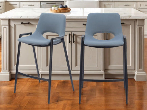 Homeroots Set Of Two 26" Blue And Black Faux Leather And Steel Low Back Counter Height Bar Chairs   555669