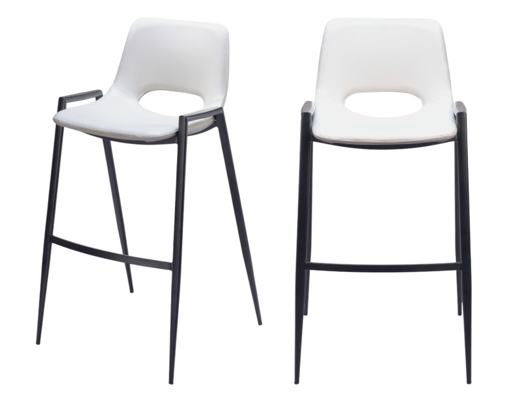 Homeroots Set Of Two 30" White And Black Faux Leather And Steel Low Back Bar Height Bar Chairs   555672
