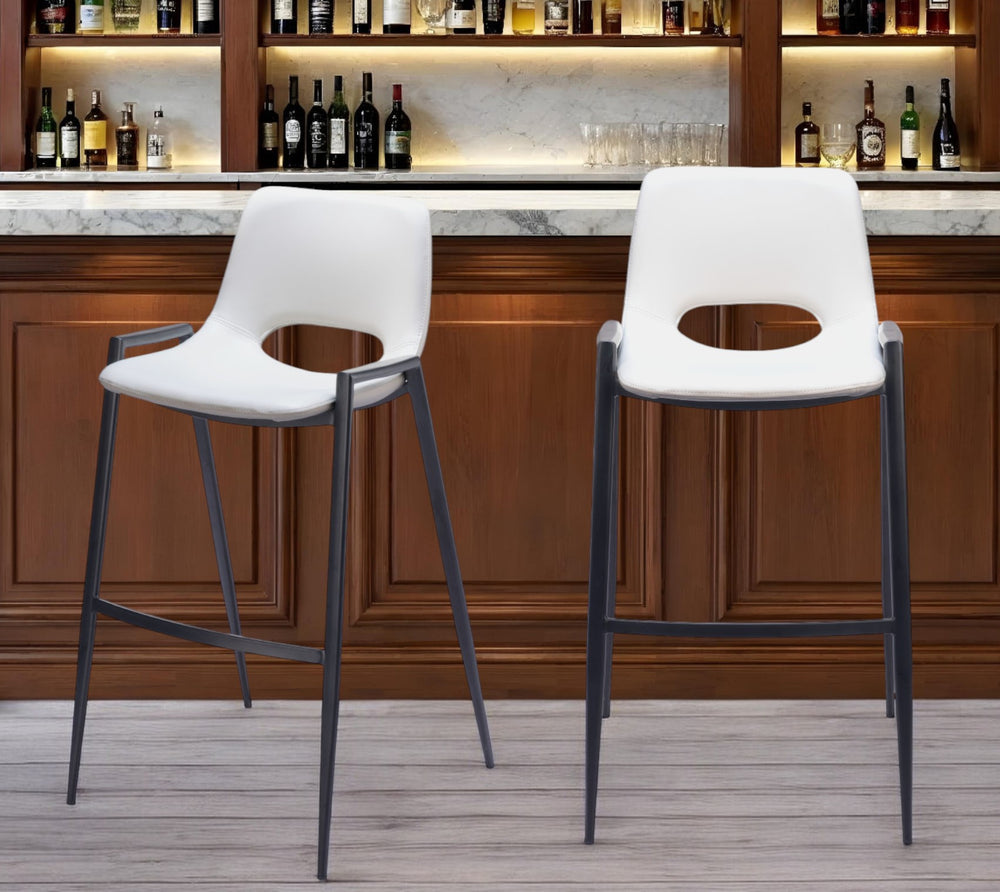 Homeroots Set Of Two 30" White And Black Faux Leather And Steel Low Back Bar Height Bar Chairs   555672