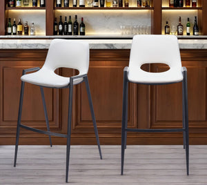 Homeroots Set Of Two 30" White And Black Faux Leather And Steel Low Back Bar Height Bar Chairs   555672