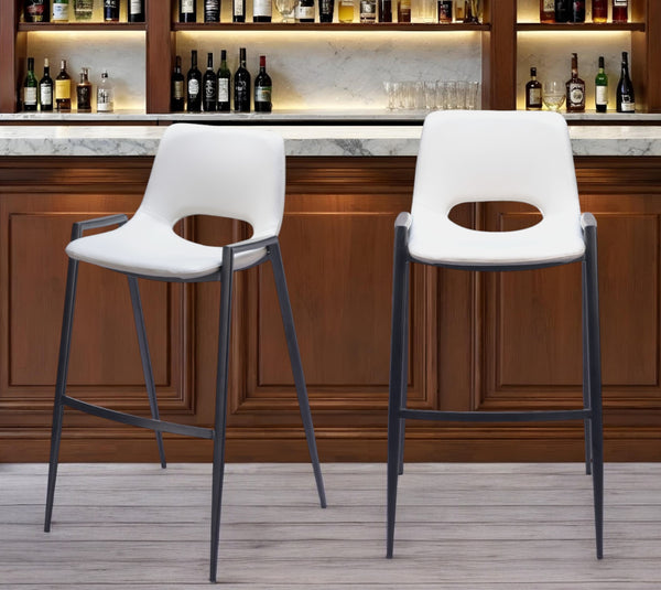 Homeroots Set Of Two 30" White And Black Faux Leather And Steel Low Back Bar Height Bar Chairs   555672