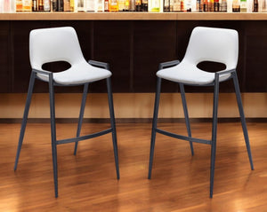 HomeRoots Set of Two Modern Low Back Bar Height Chairs in White Faux Leather & Black Steel Frame Design 555672