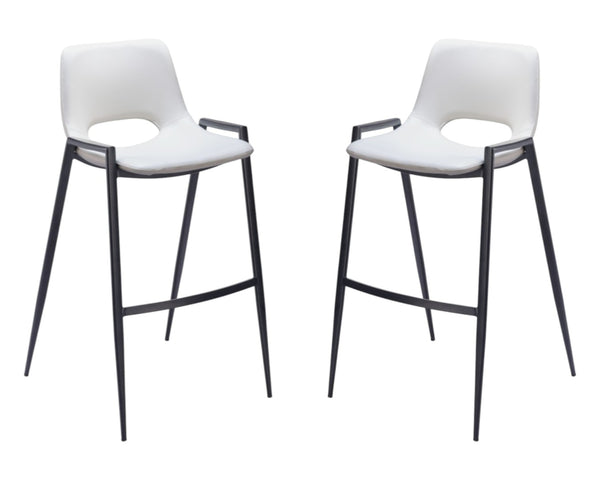 HomeRoots Set of Two Modern Low Back Bar Height Chairs in White Faux Leather & Black Steel Frame Design 555672