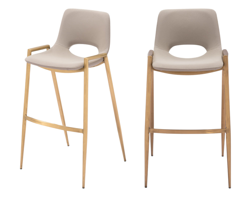 Homeroots Set Of Two 30" Beige And Gold Faux Leather And Steel Low Back Bar Height Bar Chairs   555673