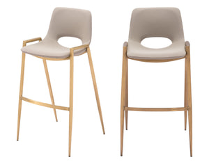 Homeroots Set Of Two 30" Beige And Gold Faux Leather And Steel Low Back Bar Height Bar Chairs   555673