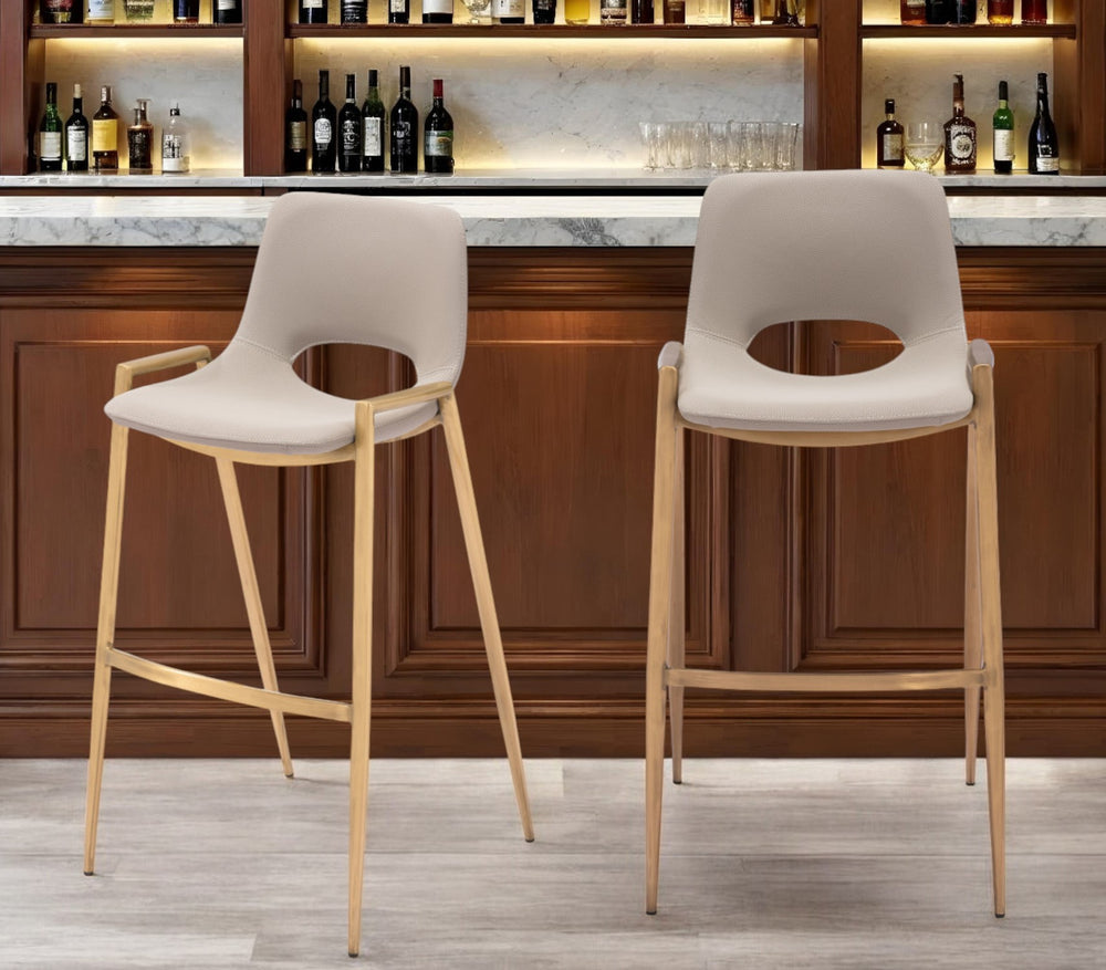 Homeroots Set Of Two 30" Beige And Gold Faux Leather And Steel Low Back Bar Height Bar Chairs   555673