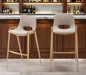 Homeroots Set Of Two 30" Beige And Gold Faux Leather And Steel Low Back Bar Height Bar Chairs   555673
