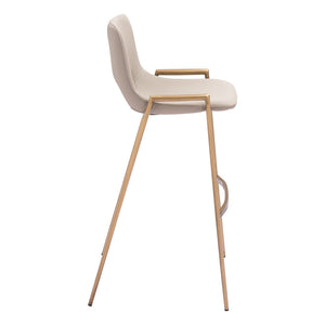 Homeroots Set Of Two 30" Beige And Gold Faux Leather And Steel Low Back Bar Height Bar Chairs   555673