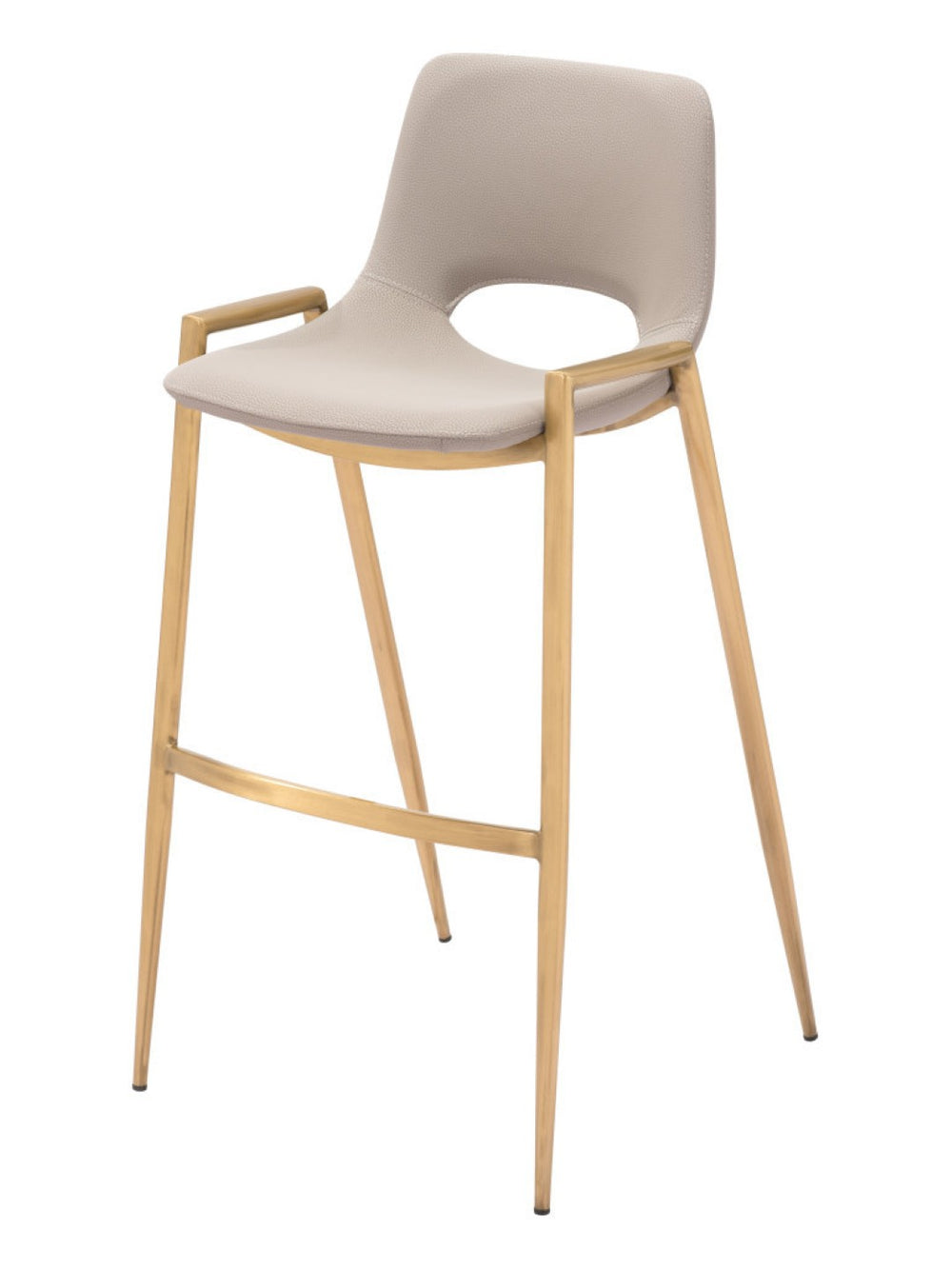HomeRoots Set of Two Contemporary Beige Faux Leather Bar Chairs with Gold Steel Frame for Modern Dining 555673