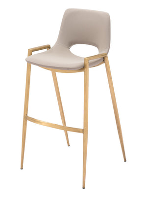 Homeroots Set Of Two 30" Beige And Gold Faux Leather And Steel Low Back Bar Height Bar Chairs   555673