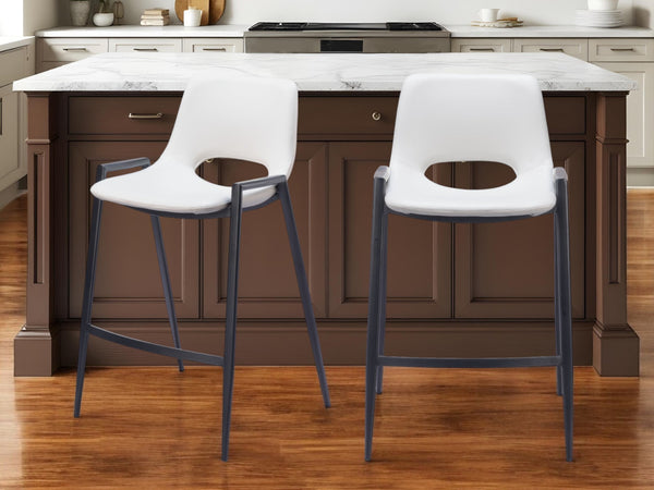 Homeroots Set Of Two 26" White And Black Faux Leather And Steel Low Back Counter Height Bar Chairs   555674