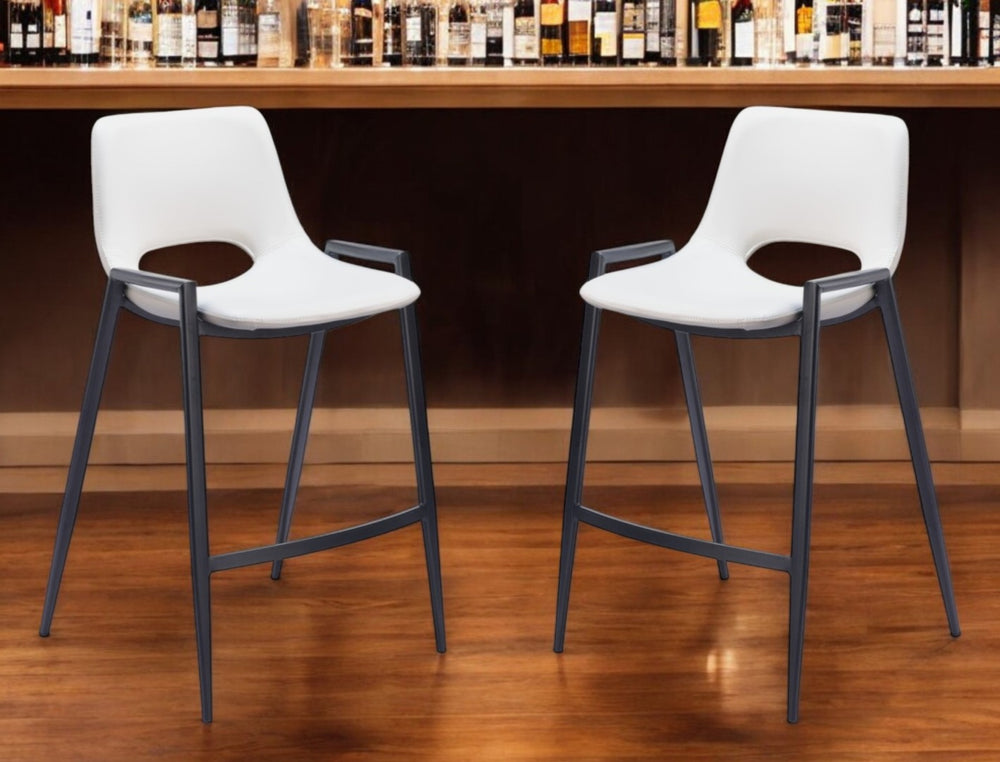 HomeRoots Set of Two Modern 26" White Faux Leather & Black Steel Low-Back Bar Chairs for Stylish Comfort 555674