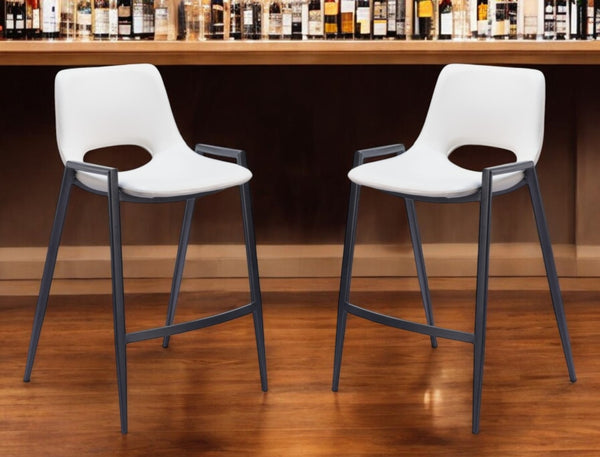 HomeRoots Set of Two Modern 26" White Faux Leather & Black Steel Low-Back Bar Chairs for Stylish Comfort 555674