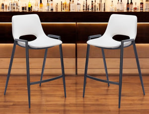 HomeRoots Set of Two Modern 26" White Faux Leather & Black Steel Low-Back Bar Chairs for Stylish Comfort 555674