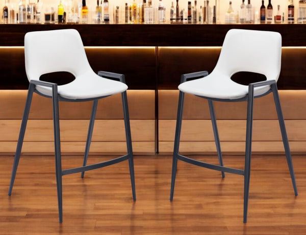 HomeRoots Set of Two Modern 26" White Faux Leather & Black Steel Low-Back Bar Chairs for Stylish Comfort 555674