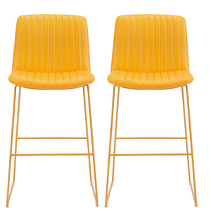 Homeroots Set Of Two 30" Yellow Faux Leather And Steel Bar Height Bar Chairs   555675