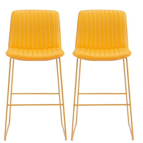Homeroots Set Of Two 30" Yellow Faux Leather And Steel Bar Height Bar Chairs   555675