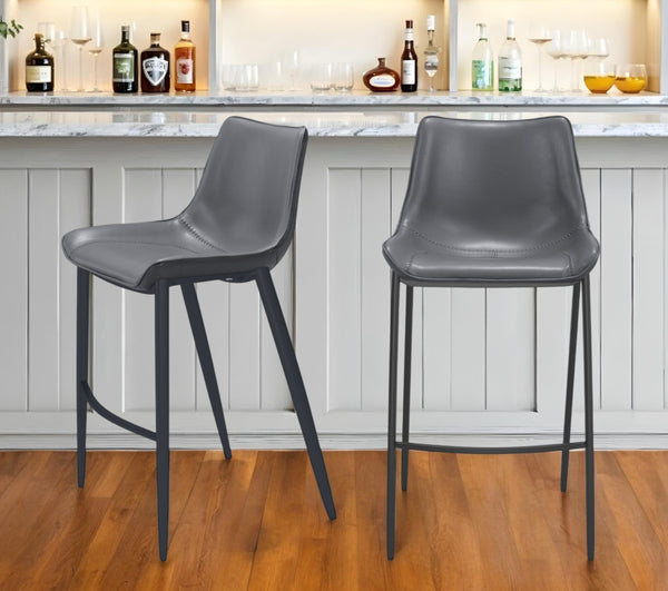 Homeroots Set Of Two 30" Dark Gray And Black Faux Leather And Steel Bar Height Bar Chairs   555676