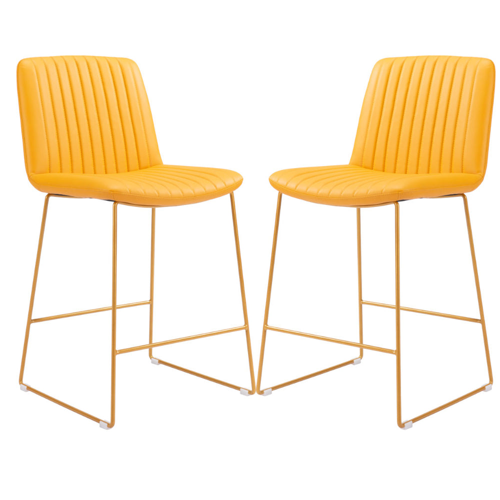 Homeroots Set Of Two 26" Yellow Faux Leather And Steel Counter Height Bar Chairs   555679