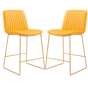 Homeroots Set Of Two 26" Yellow Faux Leather And Steel Counter Height Bar Chairs   555679