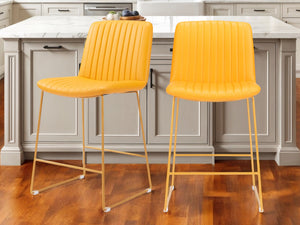 Homeroots Set Of Two 26" Yellow Faux Leather And Steel Counter Height Bar Chairs   555679