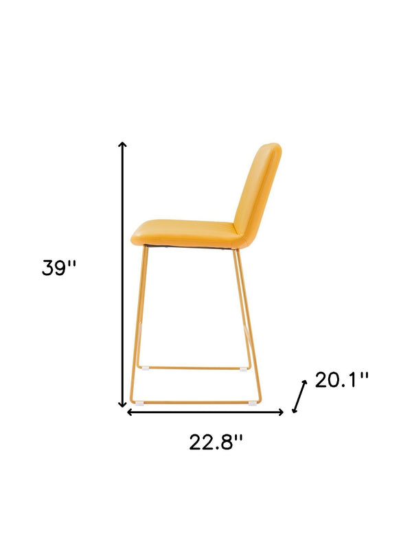 Homeroots Set Of Two 26" Yellow Faux Leather And Steel Counter Height Bar Chairs   555679