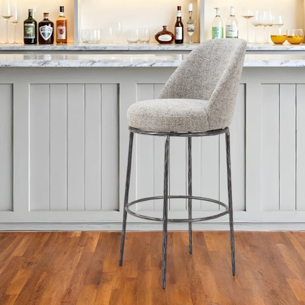 Homeroots 32" Gray And Black Fabric And Steel Bar Height Swivel Bar Chair   555680