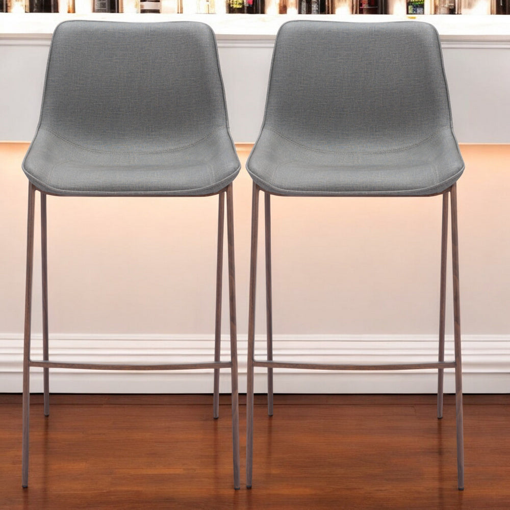 Homeroots Set Of Two 30" Slate Gray And Brown Faux Leather And Steel Bar Height Bar Chairs   555681