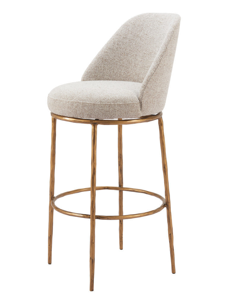 Homeroots 32" Beige And Gold Fabric And Steel Bar Height Swivel Bar Chair   555685
